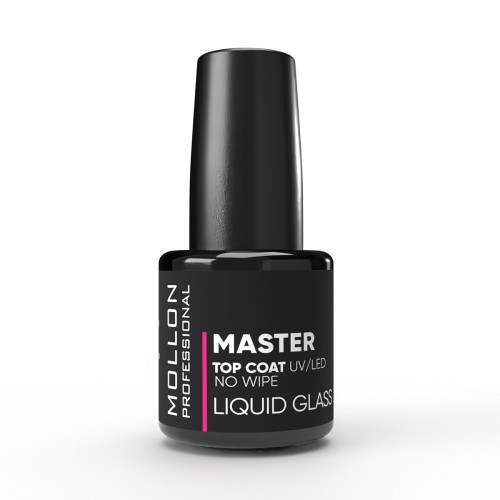 MOLLON MASTER TOP COAT LIQUID GLASS 12 ml  -  top UV/LED samopoziomujący, nadający efekt szklanej powierzchni z super połyskiem bez warstwy dyspresyjnej